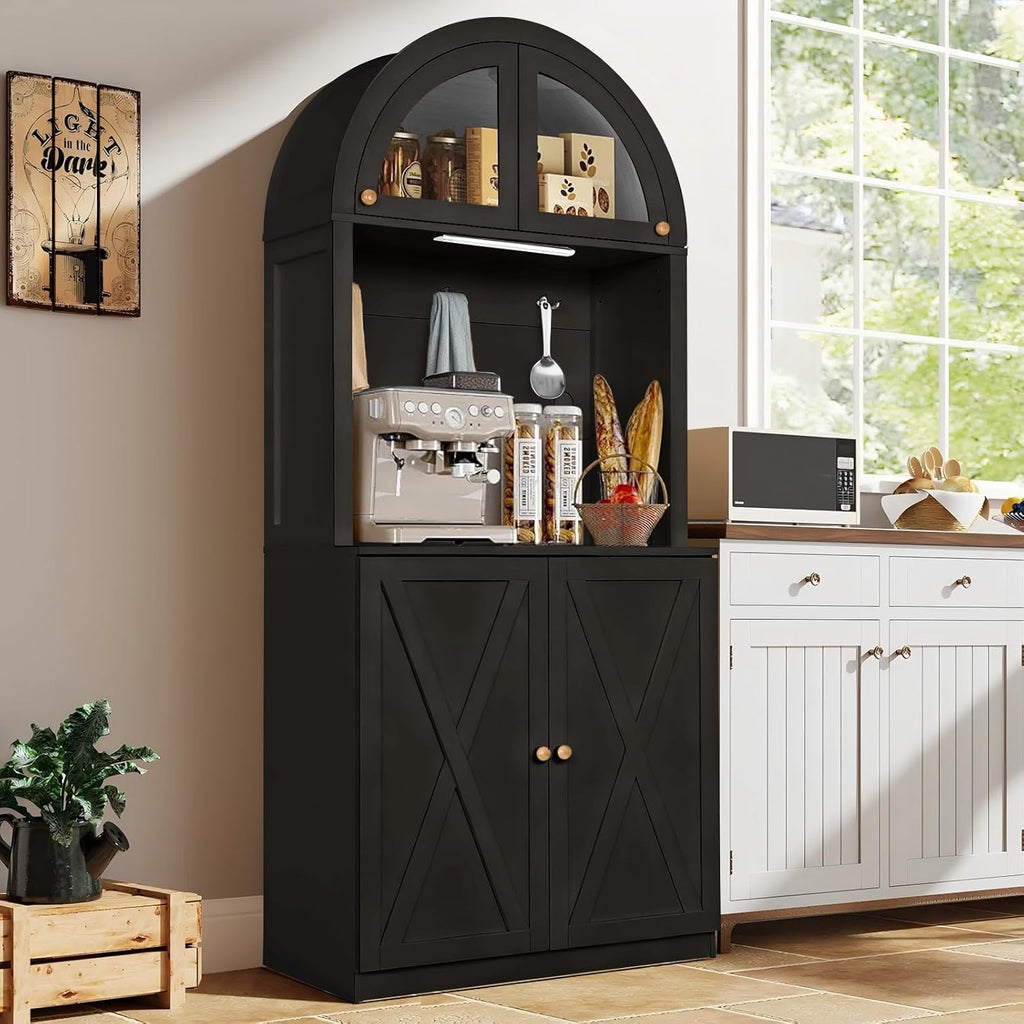 71' Farmhouse Arched Buffet Cupboard with Adjustable Shelves & Glass Door | Sturdy Engineered Wood, Acrylic Glass, Durable, Moisture-Resistant, Easy Assembly, for Dining Room, Bathroom, Living Room