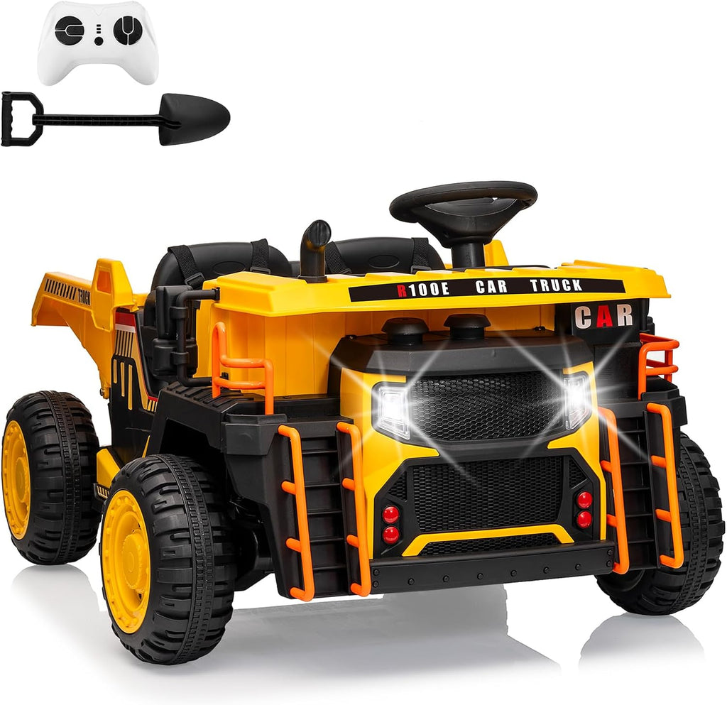 24V Kids Ride On Dump Truck with R/C, 2 Seater Electric Car - 2WD/4WD Powerful Motors, 4.4 Mph, Electric Dump Bed & Shovel, EVA Tires, Music Player, Soft Start, 19' Spacious Seat (Yellow)