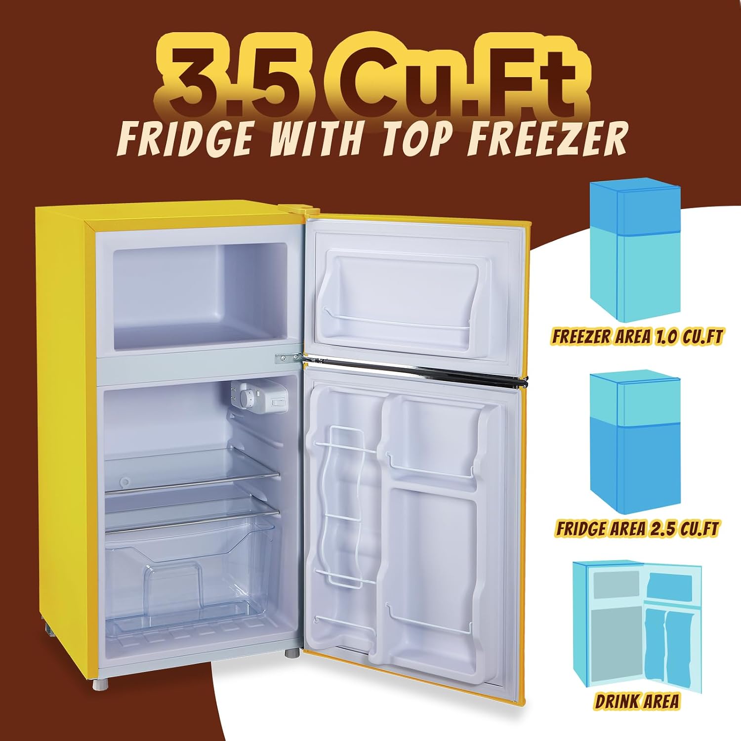 Fridge with Freezer Mini Refrigerator Apartment Size Retro Refrigerator Double door Removable Glass Shelves 7 Temp Gear Detachable Handle Yellow