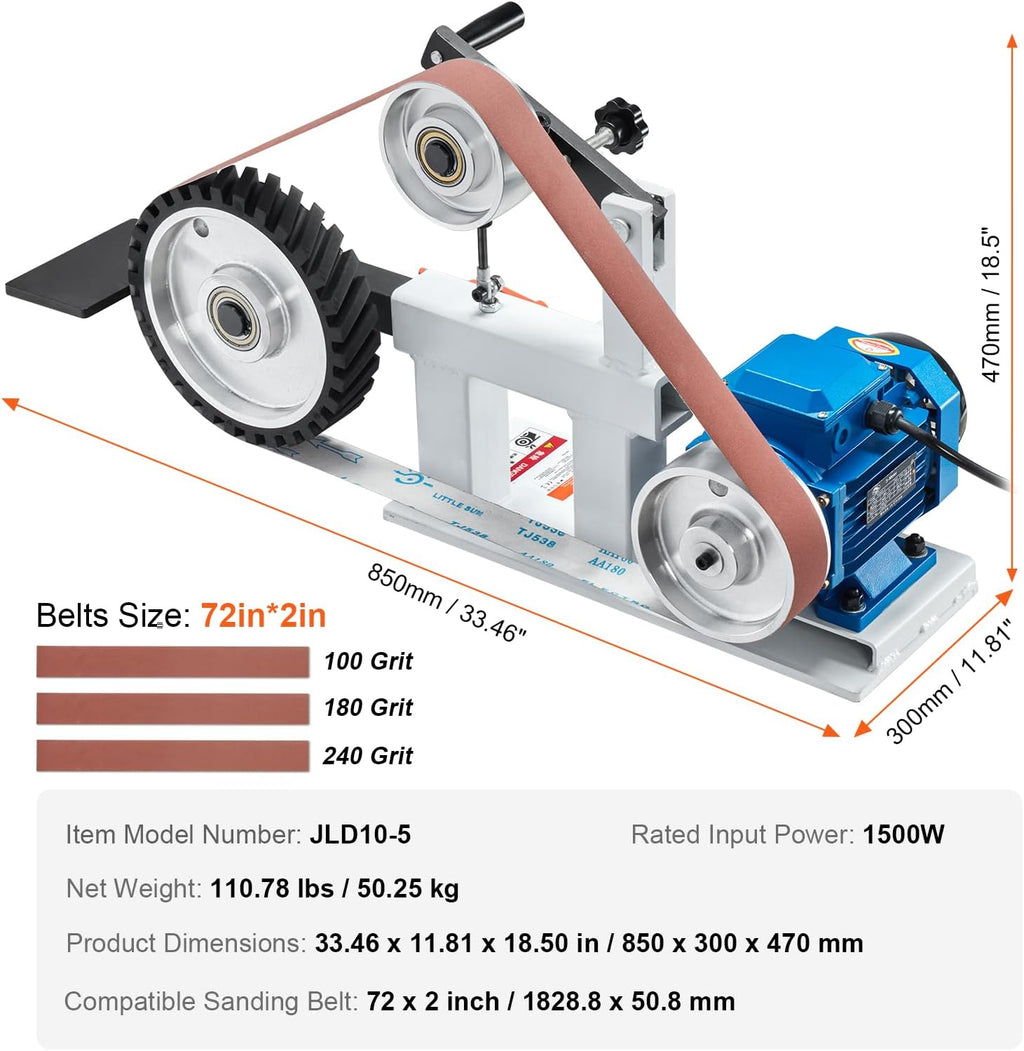 VEVOR Belt Grinder Sander, 72 x 2-Inch Variable Speed Belt Polisher with VFD, 1500W 2HP Polishing Grinding Machine with 3 Grinding Moulds & 3PCS Sanding Belts for Metalworking, Knife Making