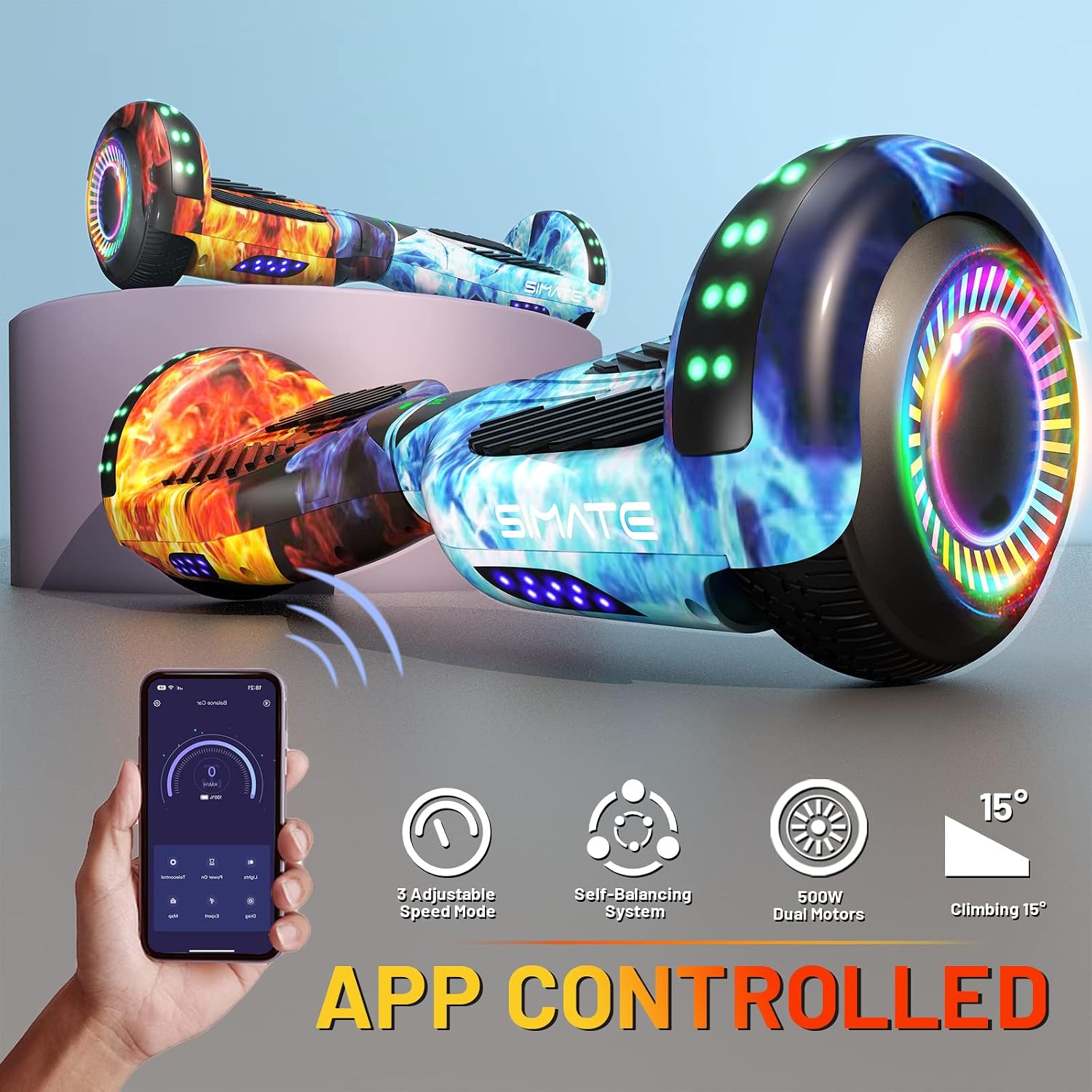 SIMATE Hoverboard, Bluetooth All Terrain Hover Boards with LED Lights and APP Control, Gifts for Kids Adults Girls Boys, for All Ages