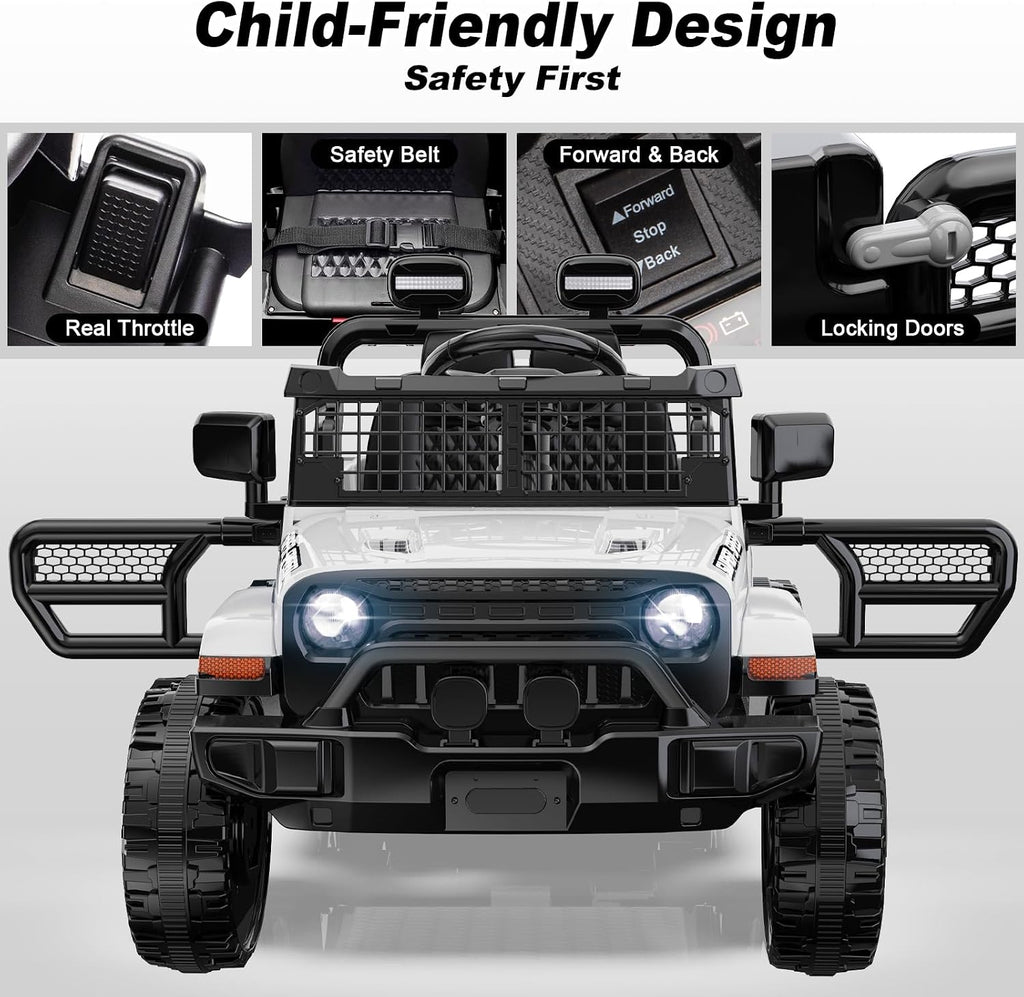 12V Ride on Toys with Parent Remote Control, Toddler Electric Car with Spring Suspension, LED Lights & Music Player - Safe Battery Car for Kids, Easy to Assemble, White