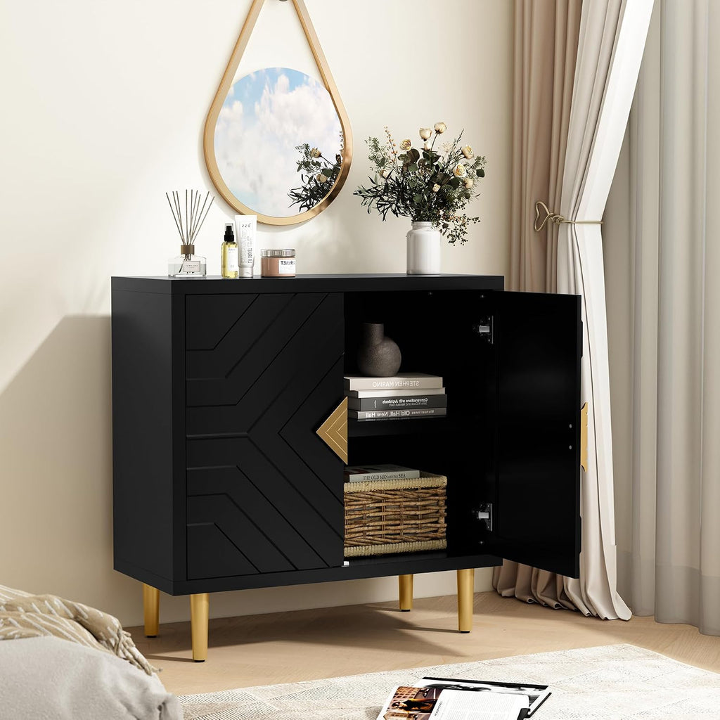 HLR Sideboard Storage Cabinet with 2 Doors, Accent Cabinet with Decorative Embossed Pattern Doors, Sideboard Buffet Cabinet for Living Room, Kitchen, Dining Room, Hallway