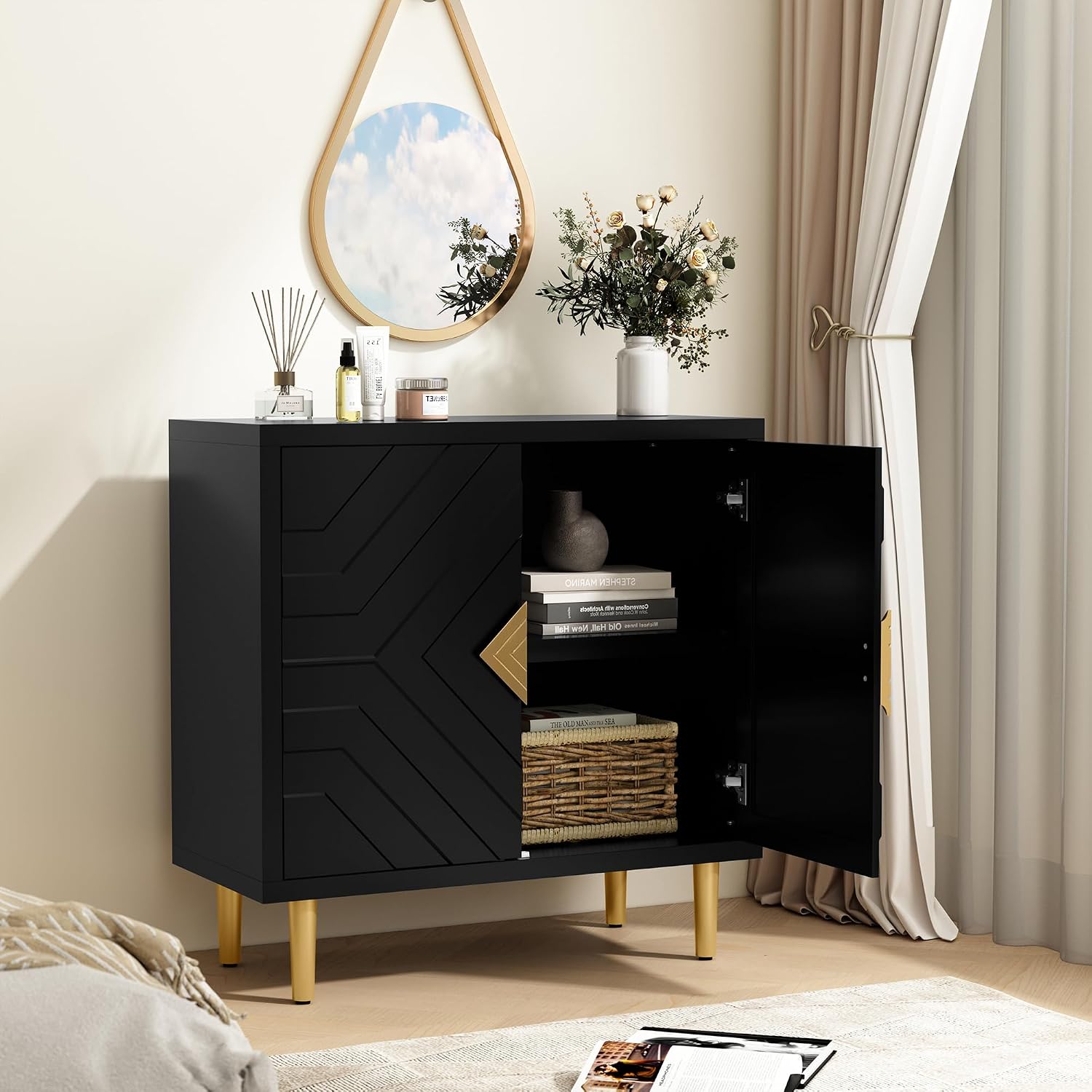 HLR Sideboard Storage Cabinet with 2 Doors, Accent Cabinet with Decorative Embossed Pattern Doors, Sideboard Buffet Cabinet for Living Room, Kitchen, Dining Room, Hallway