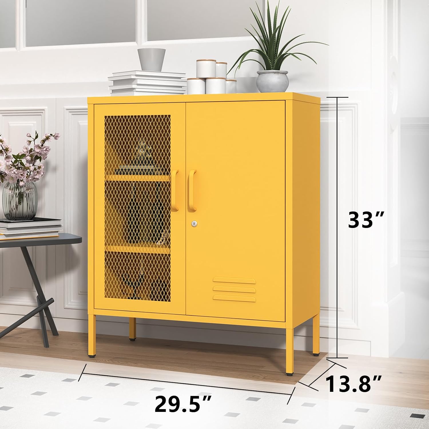 Yellow Metal Storage Cabinet with Lock 3-Tier Freestanding Locker Organizer with Mesh Ventilated Door Multipurpose Accent Cabinet Locker Adjustable legs For Hallway, Living Room, Entryway, Home Office