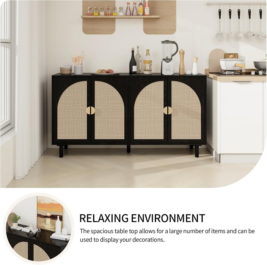 vistavie Black Rattan Buffet 4-Door Storage Cabinet with Adjustable Shelves, Solid Pine Legs, Sideboard TV Stand for Living Room, Coffee Bar for Dining Room & Kitchen