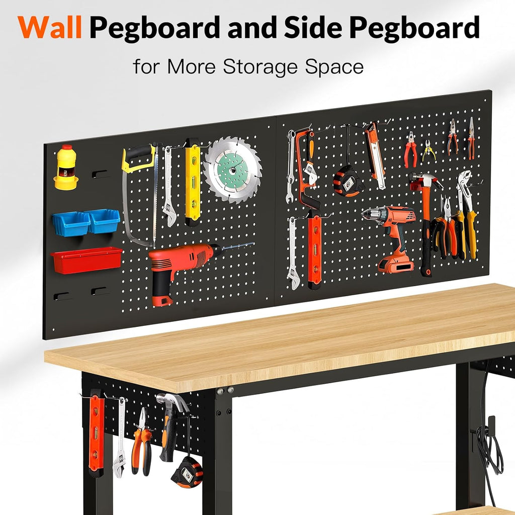 48×24 Adjustable Height Work Bench Heavy Duty Workbench for Garage with Under Table Shelf Rubber Wood Work Table with Pegboard for Shop Woodworking, Office, Home, Commercial