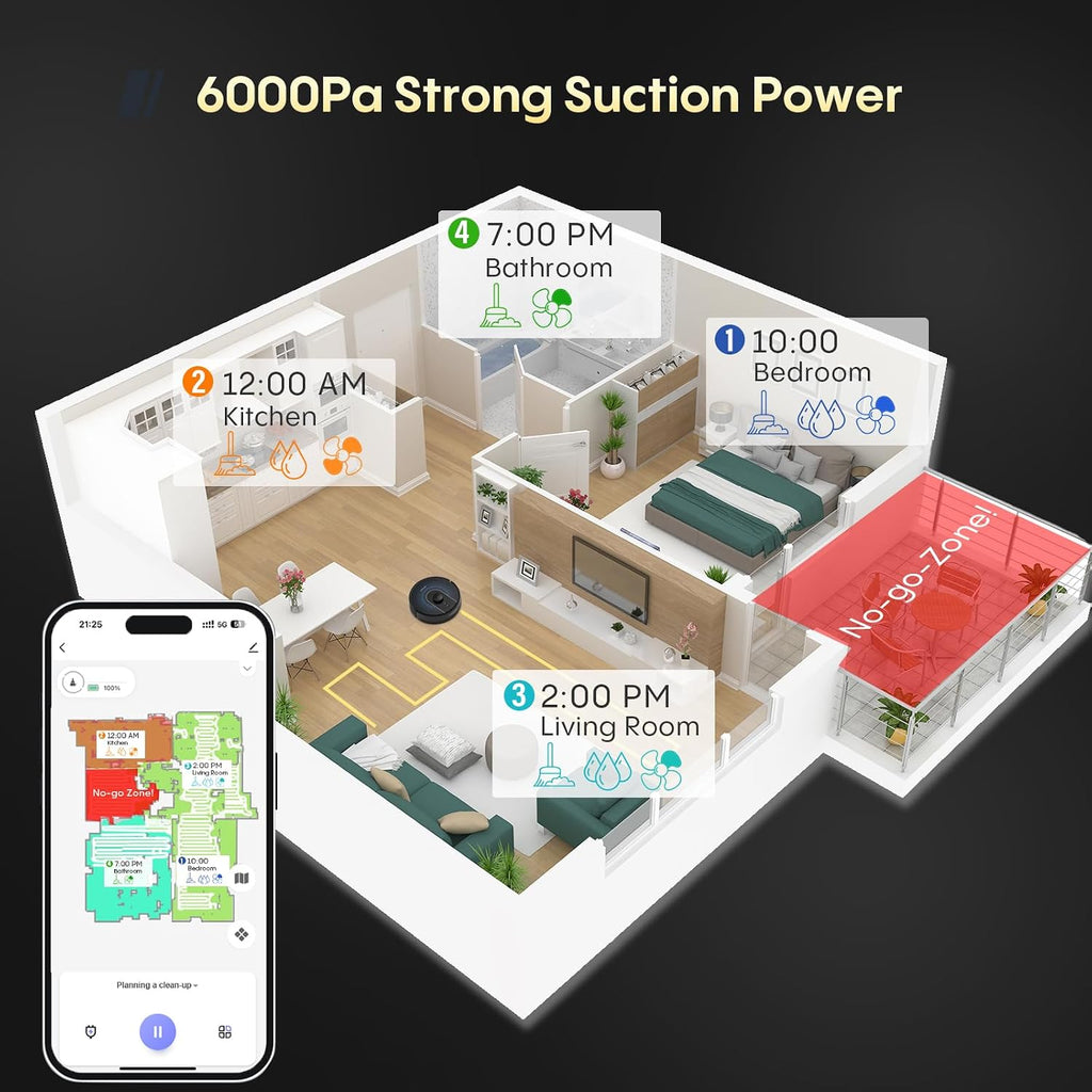 Bagotte Robot Vacuum and Mop Combo, 6000Pa Robotic Vacuums with Mapping, Automatic Self-Recharging, LiDAR Navigation,2.4G WiFi/App/Alexa/Remote Control for Pet Hair,Hard Floor,Carpet