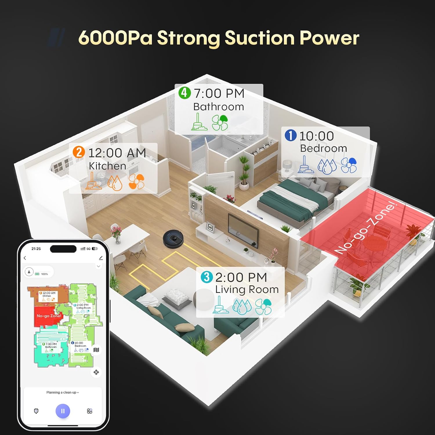Bagotte Robot Vacuum and Mop Combo, 6000Pa Robotic Vacuums with Mapping, Automatic Self-Recharging, LiDAR Navigation,2.4G WiFi/App/Alexa/Remote Control for Pet Hair,Hard Floor,Carpet