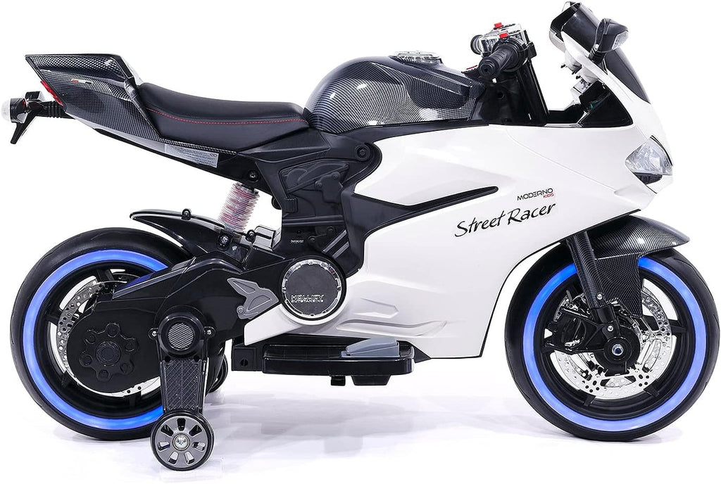 Moderno Kids Street Racer 12V Battery Power Electric Children Ride-On Motorcycle Bike + EVA Foam Rubber Tires + Leather Seat + MP3 USB Music Player + LED Lights + Training Wheels