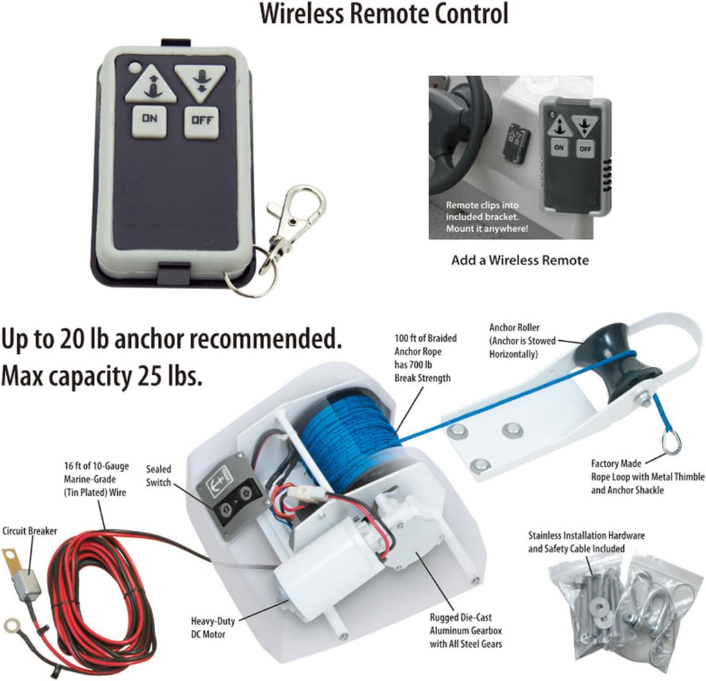 OUKANING Boat Electric Anchor Winch, Anchors Up to 25/35/45 LBS, 12-Volt DC Boat Anchor Wench with Wireless Remote Control, High-Efficiency Marine Saltwater Anchor Windlass Kit Includes 100-feet Rope