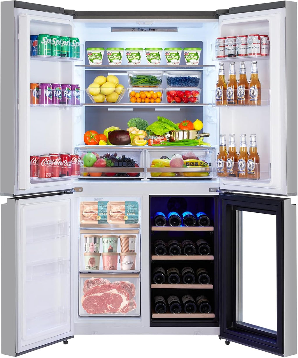 GarveeLife 36 In French Door Refrigerator, 21 Cu.Ft. Counter Depth Refrigerator Bottom Freezer with Wine Cabinet, Stainless Steel 4 Doors Fridges Kitchen Freezer, Adjustable Shelves