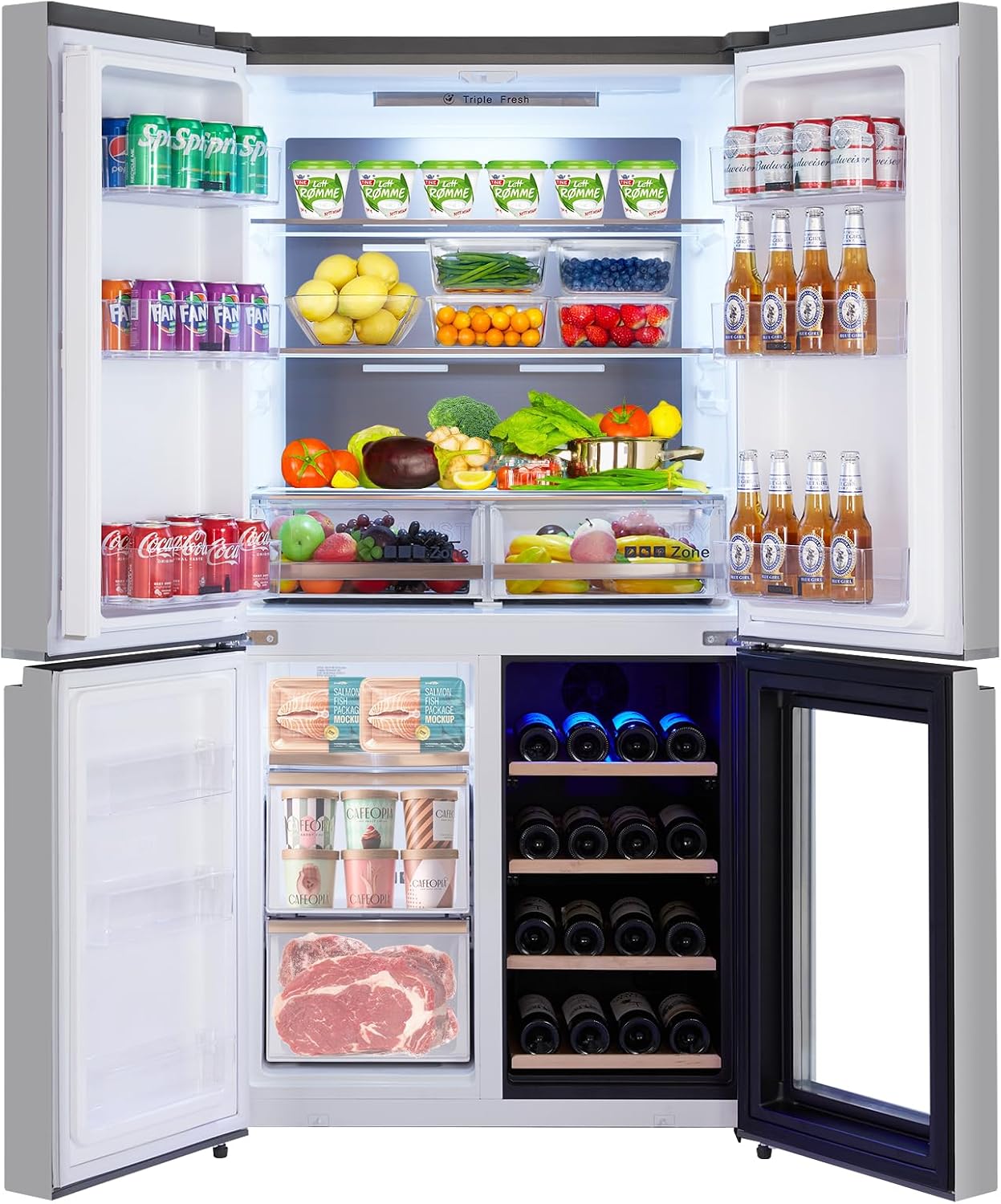 GarveeLife 36 In French Door Refrigerator, 21 Cu.Ft. Counter Depth Refrigerator Bottom Freezer with Wine Cabinet, Stainless Steel 4 Doors Fridges Kitchen Freezer, Adjustable Shelves