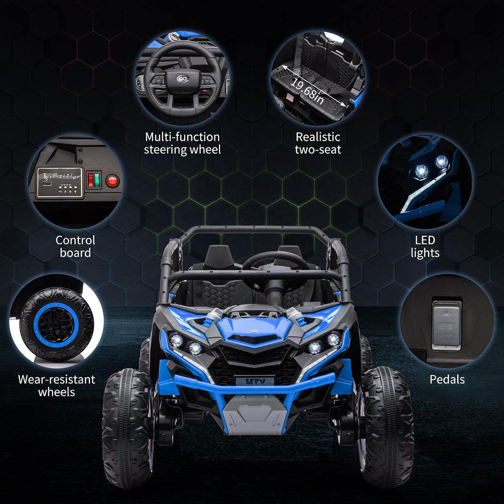 GarveeLife 24V Ride On Utv for Kids, 2 Seater 4WD Electric Truck with Remote Control, High and Low Speed Adjustment, Led Lights, 4-Wheel Shock Absorption, One Click Start, Music Player(Blue)