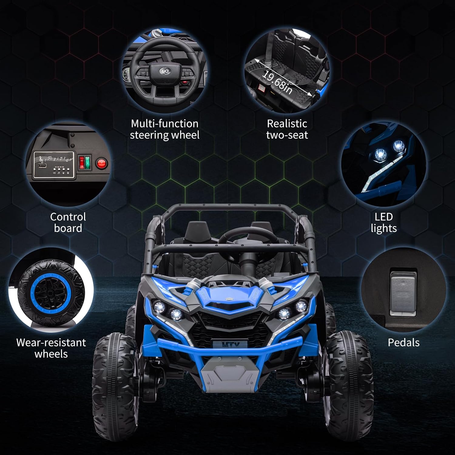 GarveeLife 24V Ride On Utv for Kids, 2 Seater 4WD Electric Truck with Remote Control, High and Low Speed Adjustment, Led Lights, 4-Wheel Shock Absorption, One Click Start, Music Player(Blue)