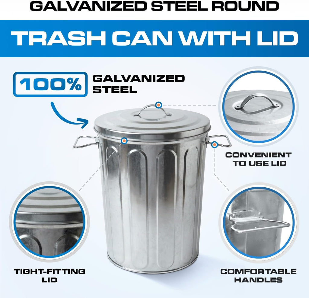 Plexon 5 Gallon Small Metal Trash Can with Lid Outdoor Galvanized Bucket with Lid 5 Gal Fireplace Ash Bucket for Wood Stove Storage Can for Dog Food Bird Seed Storage Container 3 Pack