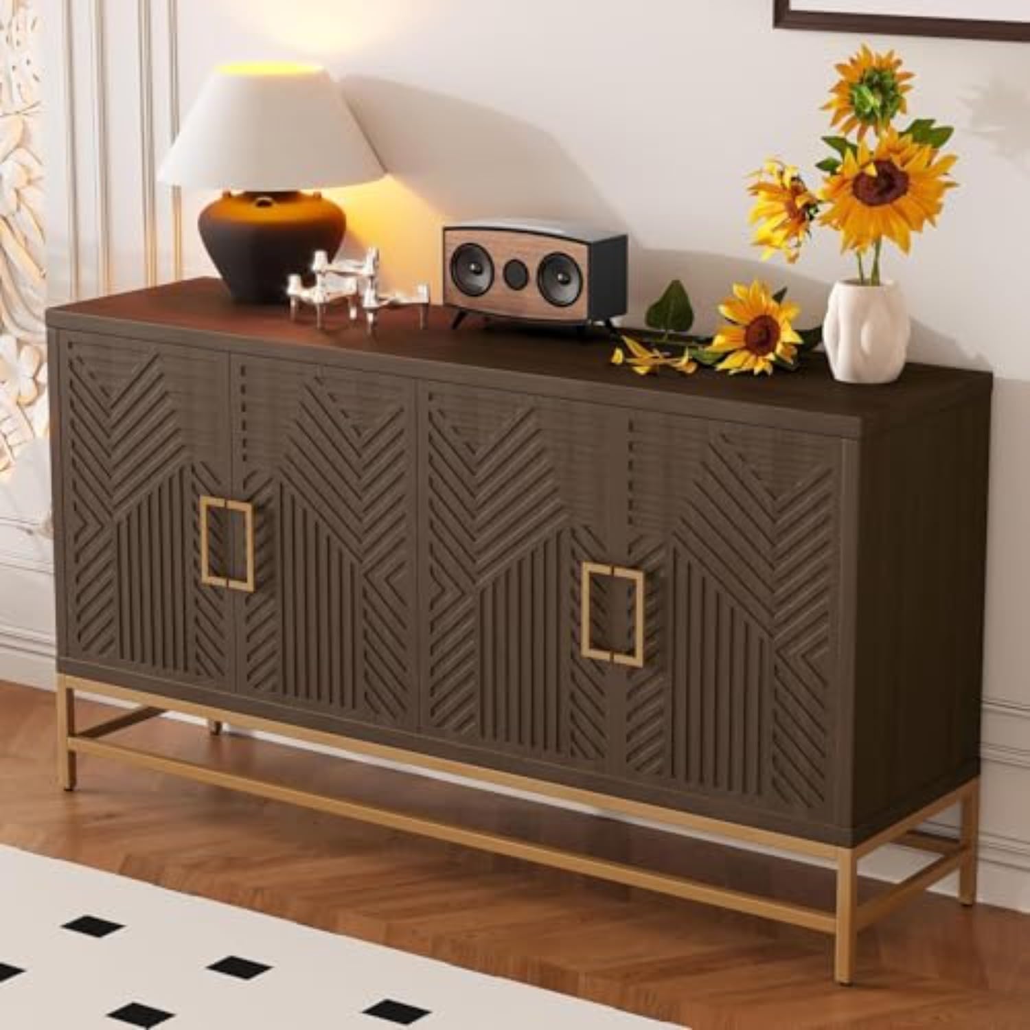 Virubi 60' Sideboard Buffet Cabinet with Storage, Doors and Gold Handles, Wood Modern Sideboard Accent Cabinet with Adjustable Shelves for Living Room, Hallway, Entryway (Espresso)