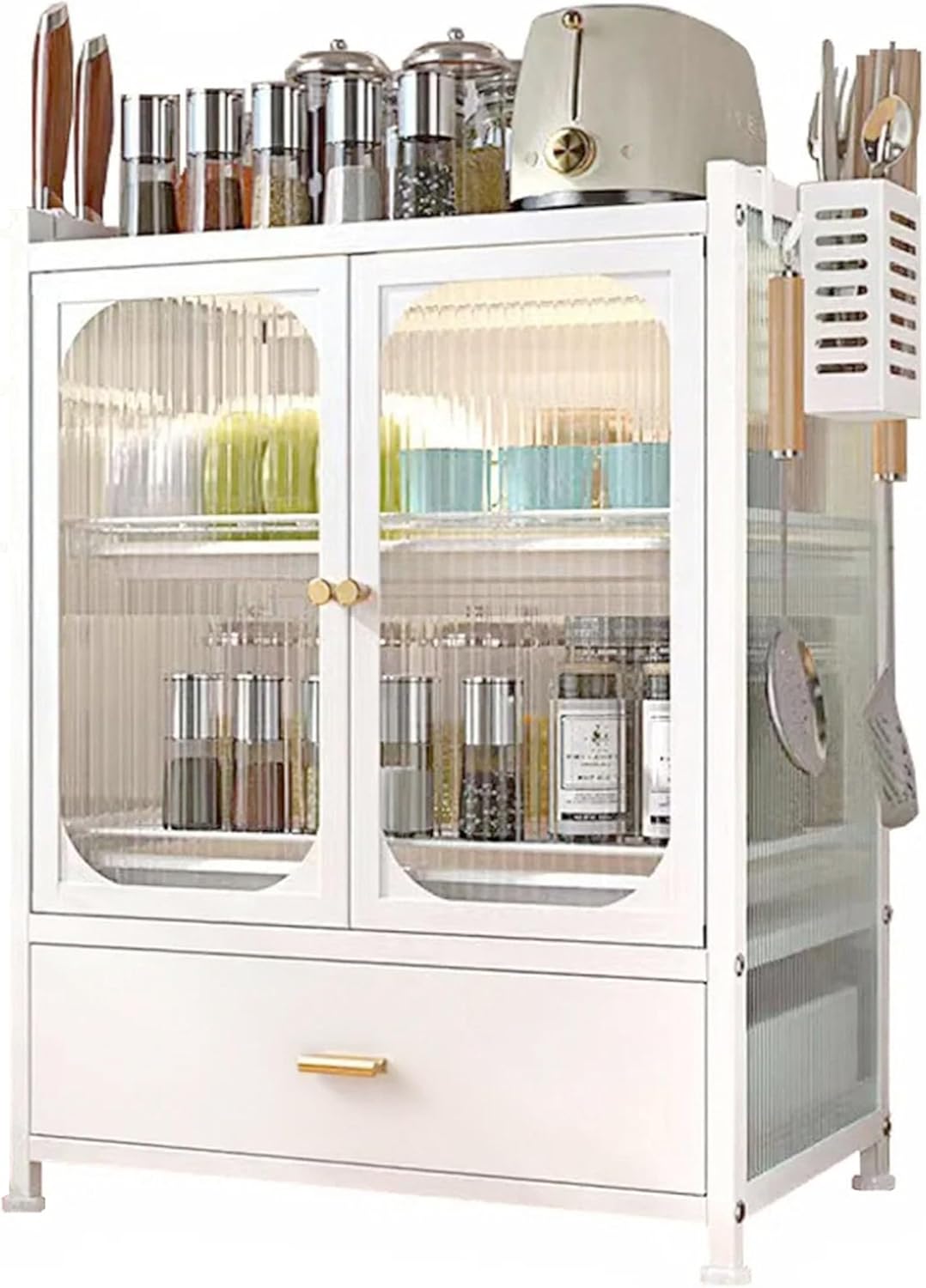 Kitchen Countertop with Drawers Dish Cabinet, Dish Rack,Dual Door Dustproof Multifunctional Kitchen Storage Cabinet Suitable for Kitchens and Restaurants (White)