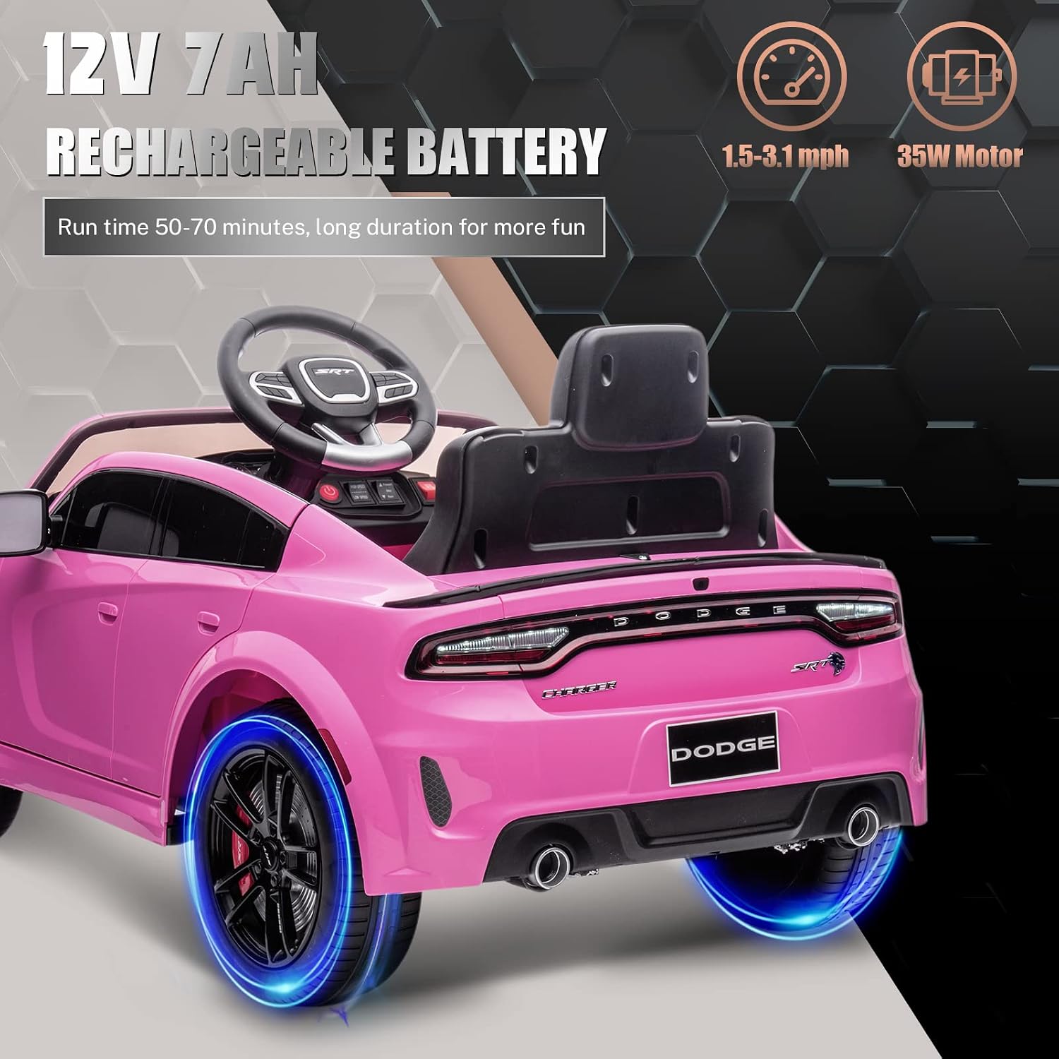 ENYOPRO 12V Dodge Charger SRT Kids Ride On Car w/Parent Remote Control, Electric Power Car Ride On Toy w/4-Wheel Suspension, 3 Speeds, LED Lights, Music Player, Battery Car Gift for Kids Girls, Pink