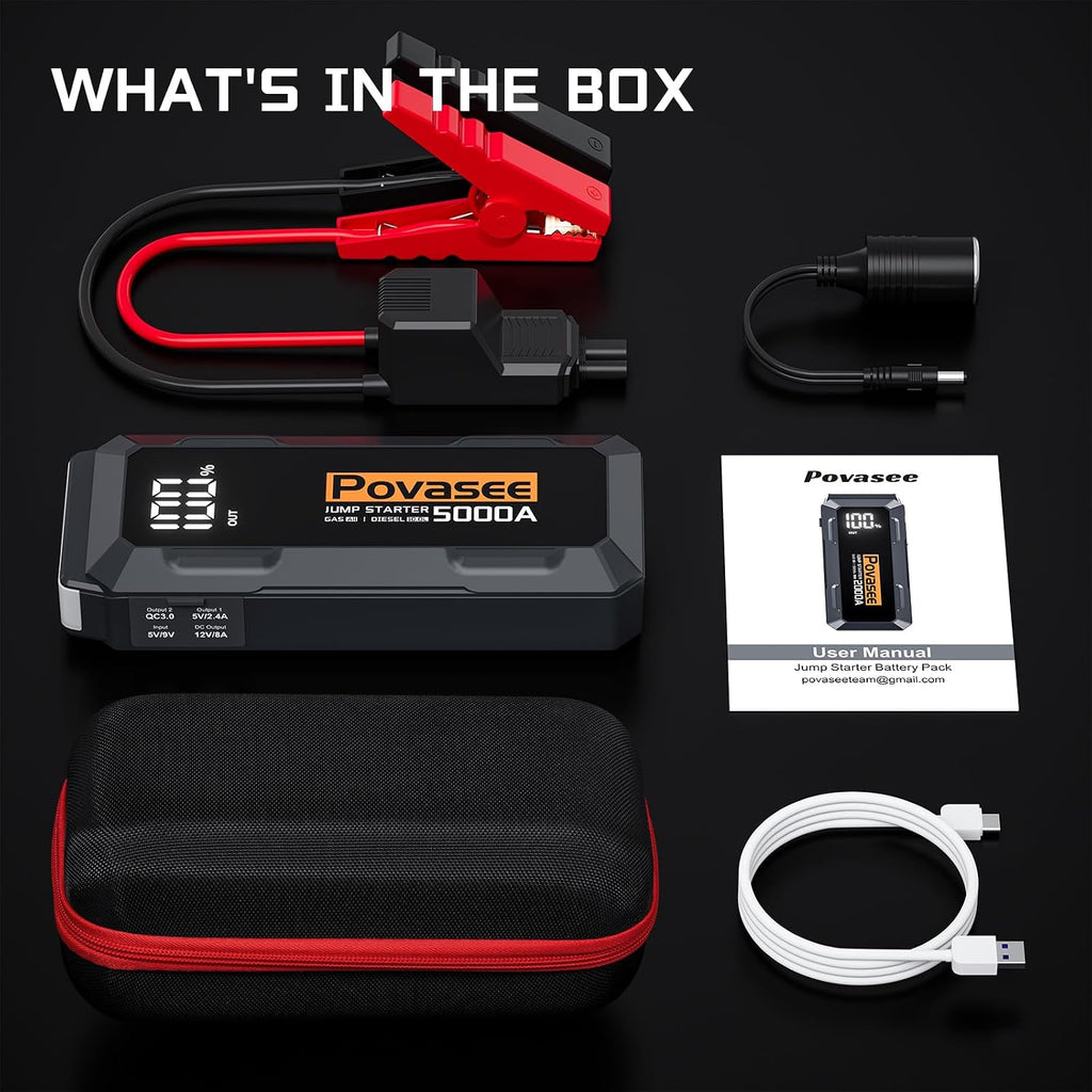 5000A Jump Starter | Povasee A40 Car Battery Jump Starter, 12V Portable Power Pack for All Gas & 10L Diesel Engines, with 3' LCD Display, Dual USB Output & Multi-Mode LED Light