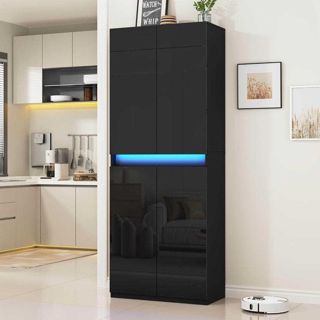 Furnify 71' Tall Pantry Storage Cabinet, Kitchen Pantry with High Gloss Doors, Modern Buffet Hutch Cabinet with Led Light and Adjustable Shelves for Dining Room, Living Room, Black