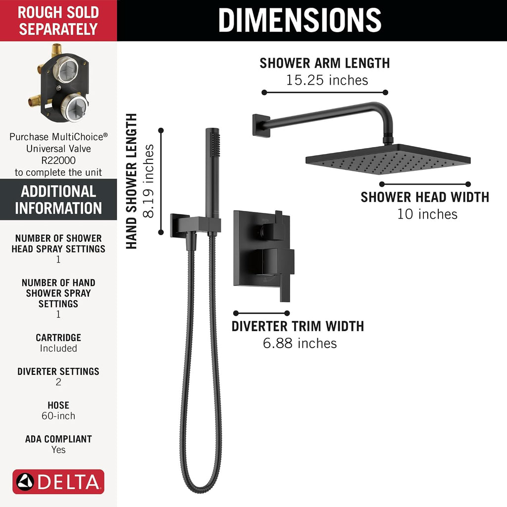 Delta Modern 14 Series Square Rain Shower System Faucet Set, Rainfall Matte Black Shower Head and Handle Set, Valve Trim Kit, 10 Inch, Matte Black T342701-BL (Valve Not Included)