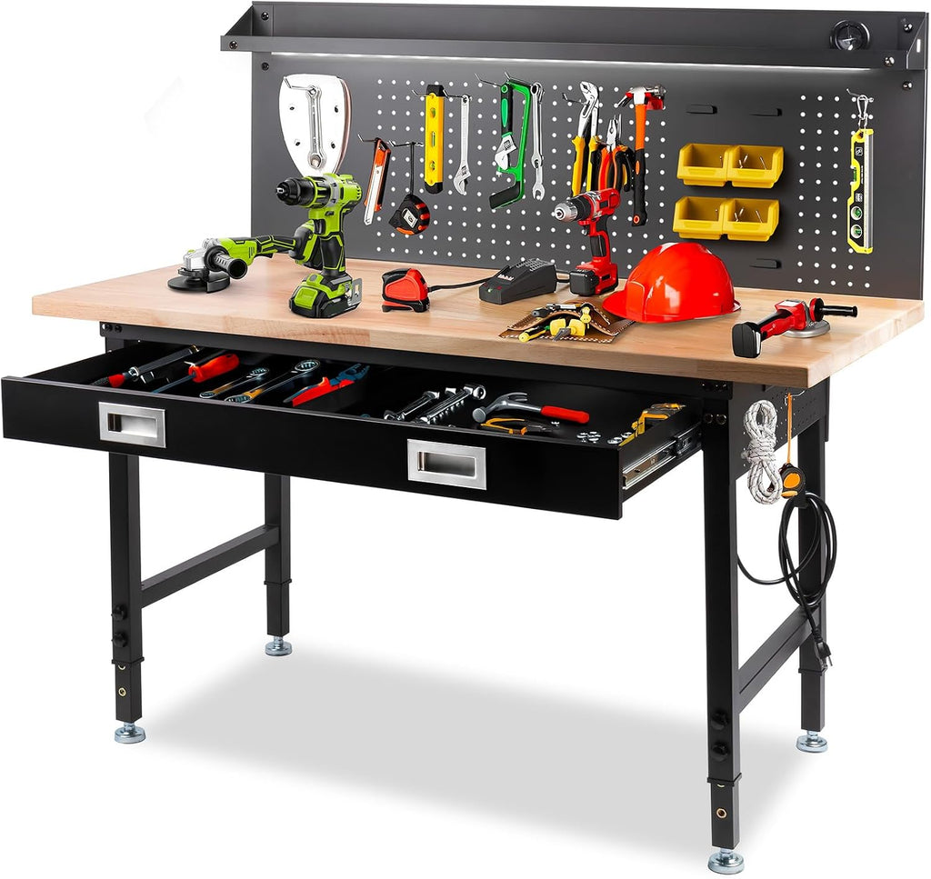 60' Workbench with Drawers, Work Benches for Garage with Strip Light, Adjustable Work Table with Large Pegboard, 2000 LBS Heavy Duty Table with Power Outlet Rubber Wood for Garage, Office