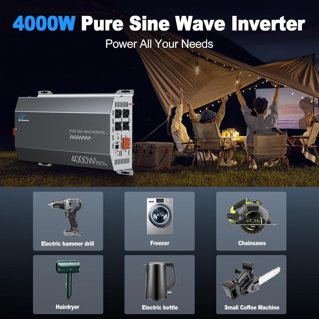 4000W Pure Sine Wave Inverter 12V DC to 110V/120V AC Converter, 8000W Peak, LCD Remote Control, 4 AC Outlets, USB & Type-C – Heavy Duty for RV, Truck, Off-Grid Solar, Home Emergency Power