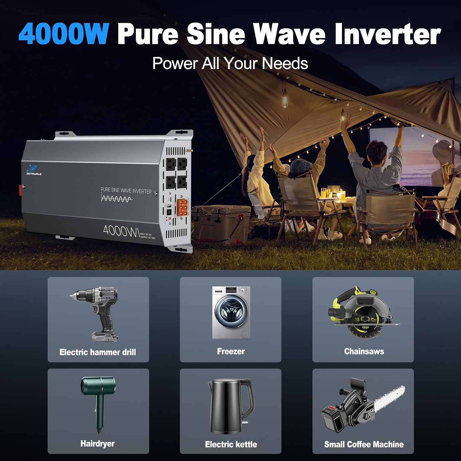 4000W Pure Sine Wave Inverter 12V DC to 110V/120V AC Converter, 8000W Peak, LCD Remote Control, 4 AC Outlets, USB & Type-C – Heavy Duty for RV, Truck, Off-Grid Solar, Home Emergency Power