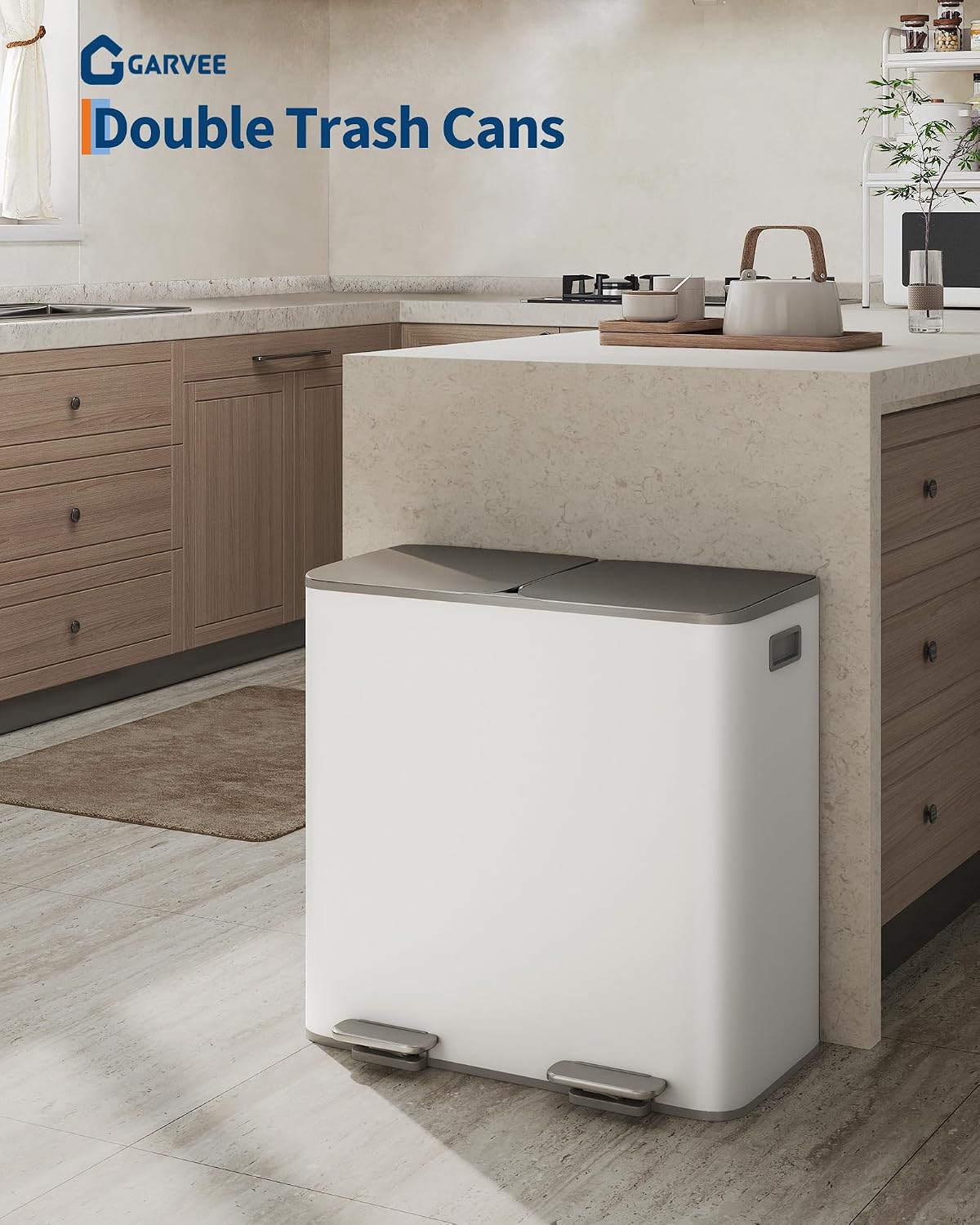 GarveeHome 2 x 10.6 gal Stainless Steel Double Trash Can with Lid for Kitchen, Large Dual Trash and Recycle Bin Combo, Step-on Kitchen Metal Garbage Cans, PP Inner Buckets, Liner Rim, Grayish-White