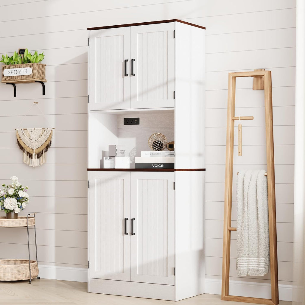 MHOM 71' Tall Pantry Cabinet with Charging Station, Farmhouse Kitchen Hutch with Adjustable Shelves, Modern Kitchen Pantry Storage Cabinet for Dinning Room & Living Room, Antique White