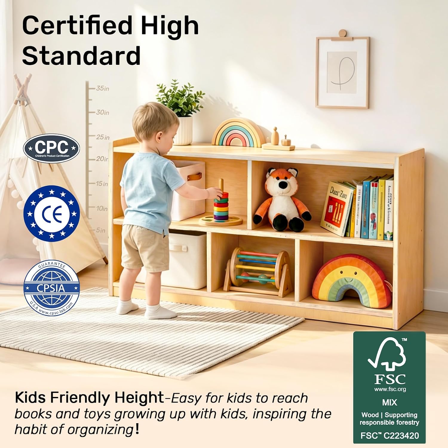 WINGYZ Montessori Bookshelf, 5-Section Wooden Storage Cabinet, Toy Storage Organizer with Kids Bookshelf, FSC Safety Montessori Toy Book Shelf for Kids Rooms, Classroom, Playroom, Daycare, Preschool