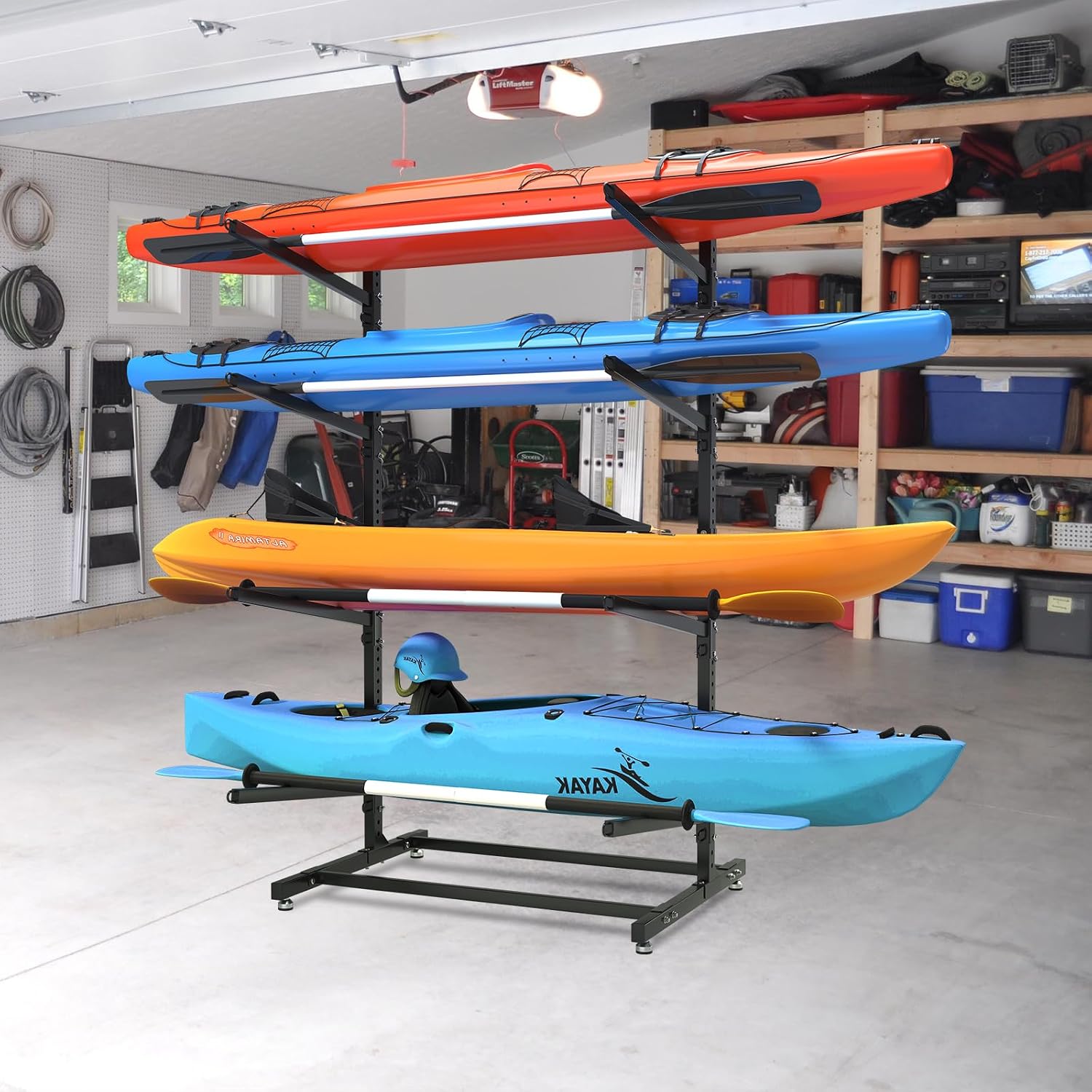 LotFun Kayak Storage Rack, Freestanding Heavy Duty Adjustable Kayak Stand Indoor Outdoor Storage Rack Garage, with Foot Pad, for Kayaks, SUPs, Canoes, Surfboard (4Levels)