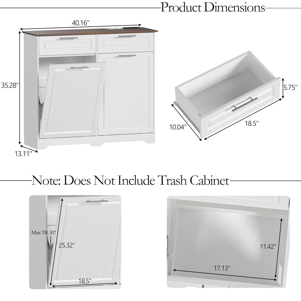 2 x 10 Gallon Double Tilt Out Trash Can Cabinet with Deodorizing Function & Charging Station, Hidden Laundry Hamper Cabinet with Storage Drawers, Garbage Can Holder for Kitchen, Bathroom, White