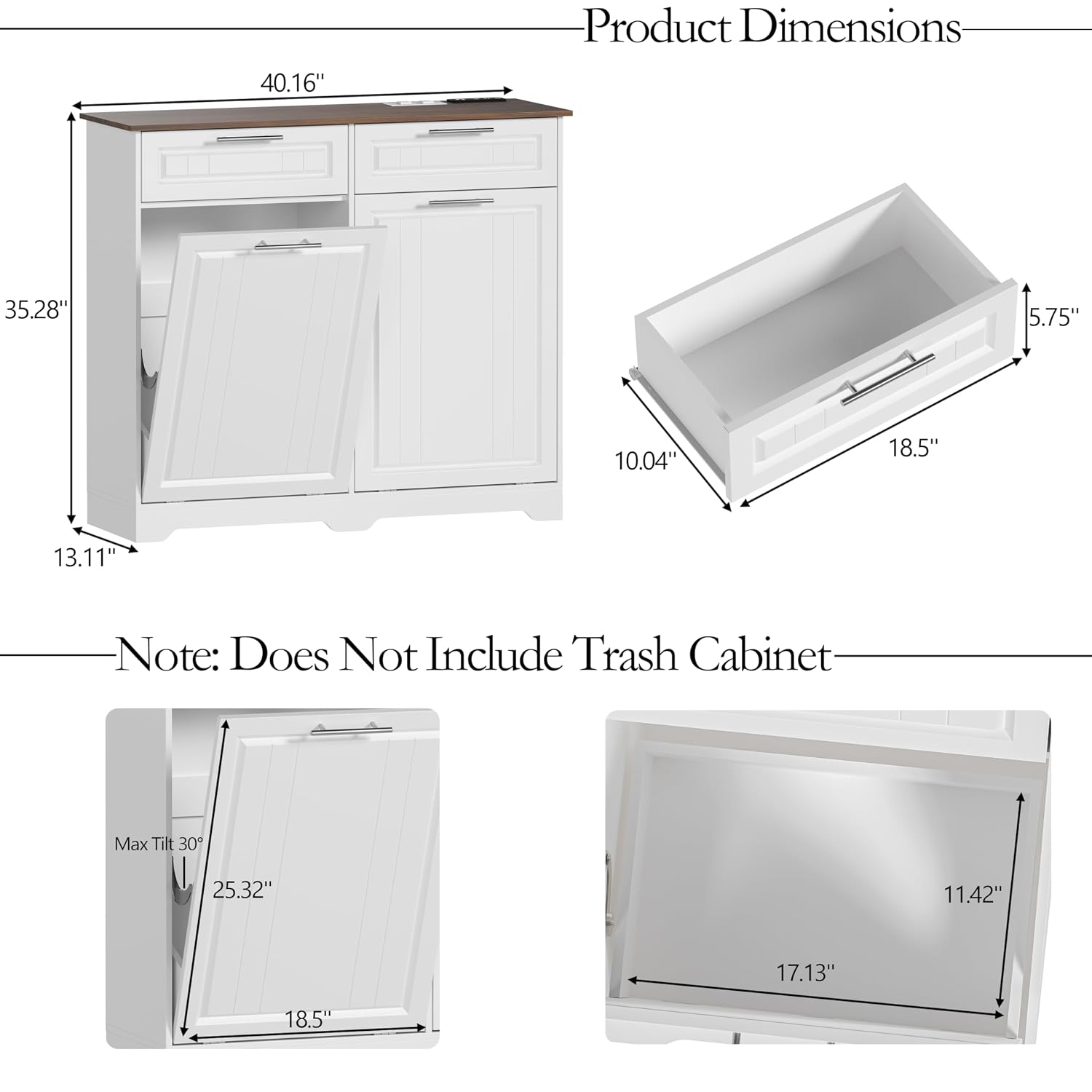 2 x 10 Gallon Double Tilt Out Trash Can Cabinet with Deodorizing Function & Charging Station, Hidden Laundry Hamper Cabinet with Storage Drawers, Garbage Can Holder for Kitchen, Bathroom, White