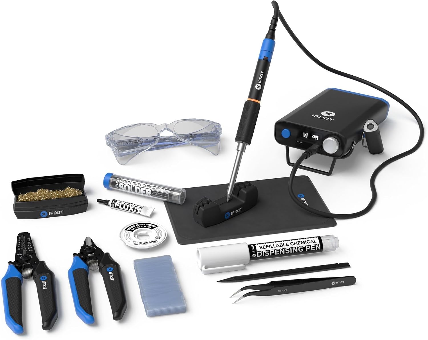 iFixit FixHub Soldering Toolkit - Complete Set, Portable Quick Heat-Up, Wire Strippers, Flush Cutters, Lead-Free Solder, Splint, Work Mat