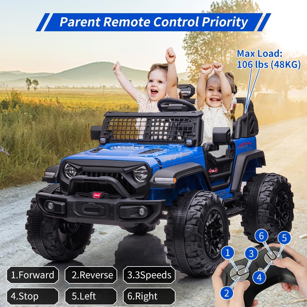 24V 2 Seaters Kids Ride On Truck with Remote Control, 20' Large Seat + 15.5' Large Wheels, Electric Vehicle Car with LED Light,Storage Space, Bottle Holder,Music, Horn,USB for 3-8 Years (Blue)