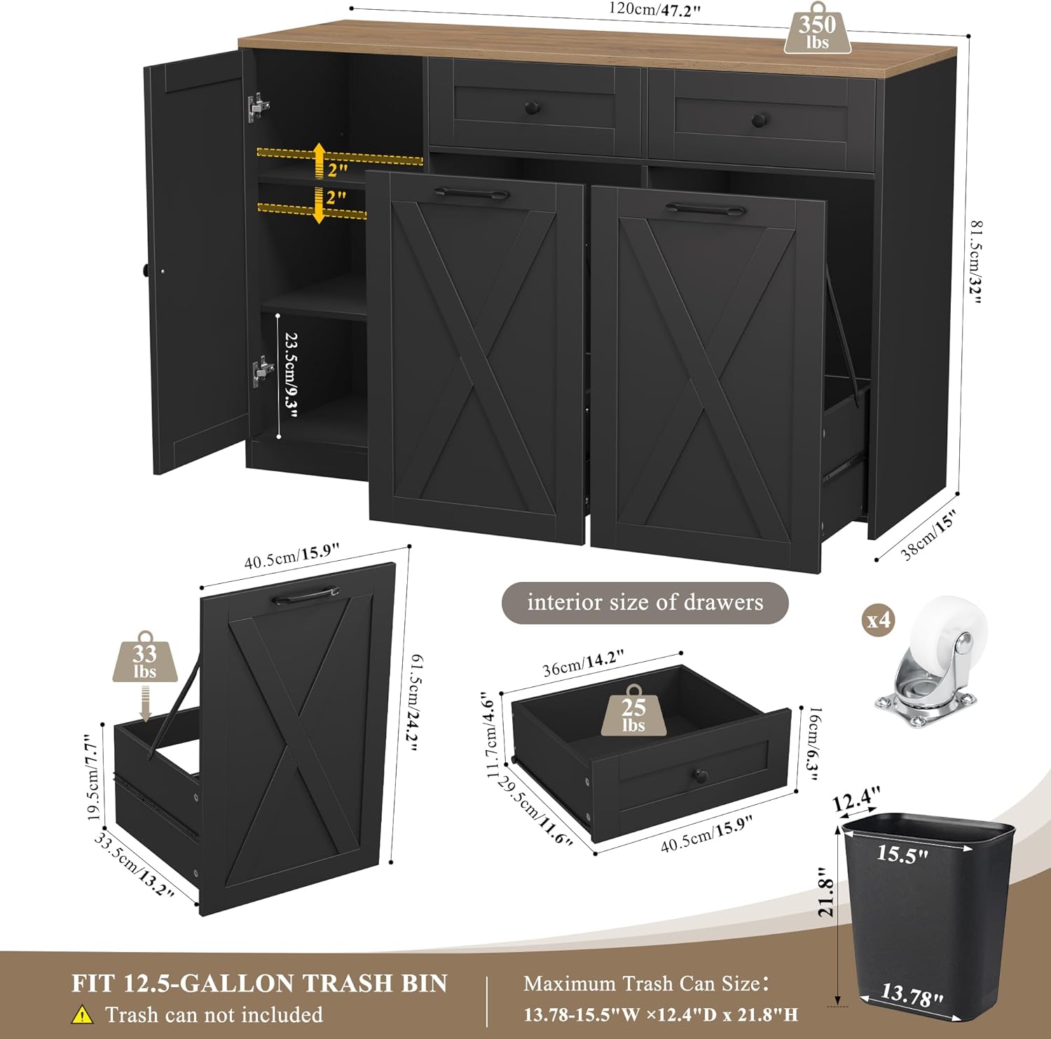 HOSTACK 12.5 Gallon Kitchen Trash Cabinet, 47' Double Trash Can Cabinet, Large Pull Out Can Storage Drawers, Wood Farmhouse Hidden Garbage Storage Buffet for Kitchen, Dining Room, Black