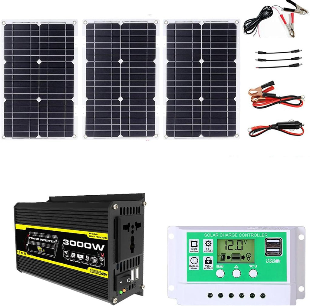 3000W Solar Power System Kit - 12V to 220V Inverter, 75W Folding Solar Panel, 50A Controller, Portable Solar Generator for Home & Off-Grid Use (Black)