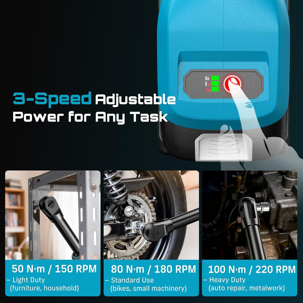 Cordless Electric Ratchet Wrench 3/8', 6' Extended Neck, 3-Speed Adjustable, 74 Ft-lbs Max Torque, 21V Power Brushless Ratchet with 2×2.0Ah Batteries & Fast Charger, 8 Sockets, 1/4'& 1/2' Adapter
