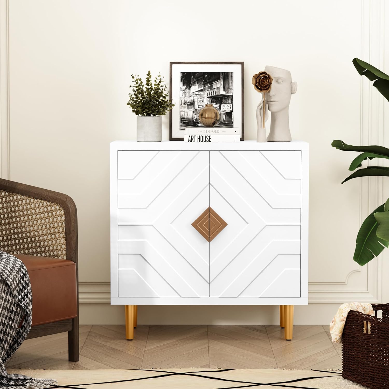 HLR Storage Cabinet with 2 Doors, Accent Cabinet with Decorative Embossed Pattern Doors, Buffet Cabinet Sideboard for Living Room, Kitchen, Dining Room, Hallway