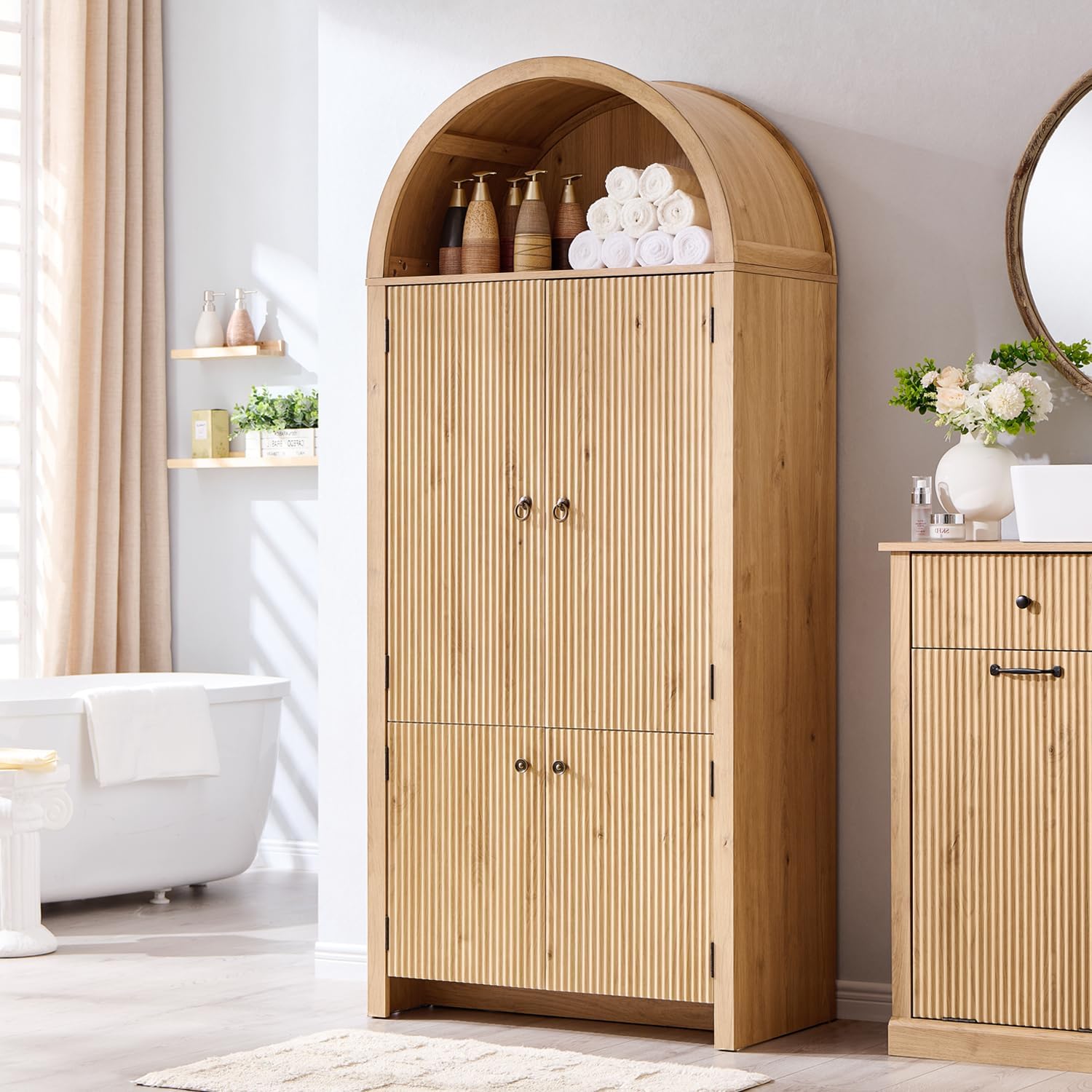 IFBUY 71' Tall Arched Bathroom Storage Cabinet, Modern Fluted Storage Cabinet w/Doors, 3 Adjustable Shelves, 6 Door Shelves, Wood Freestanding Cabinet for Bathroom, Entryway, Hallway, Natural