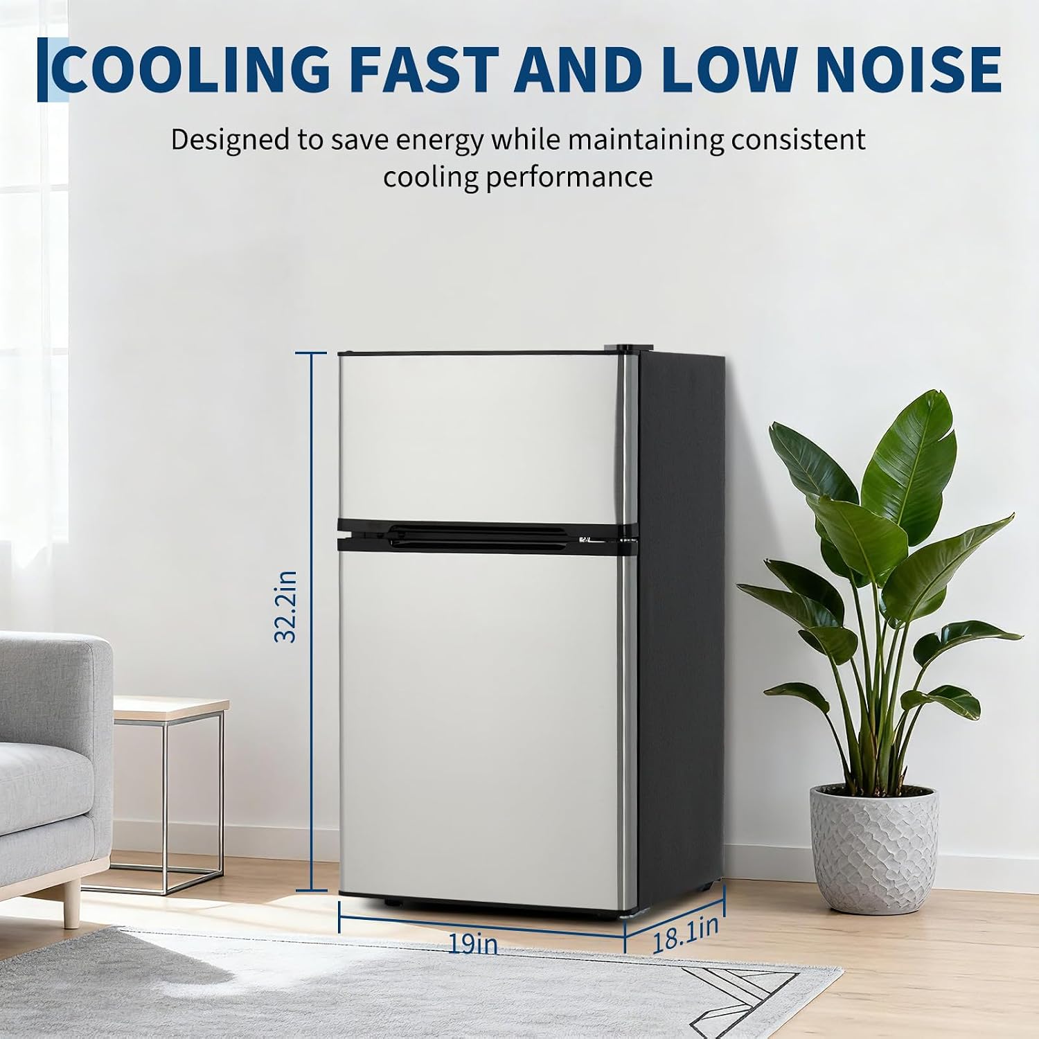 IDEALHOUSE Double Door Mini Fridge with Freezer, 3.1 Cu.Ft - Stainless Steel Compact Refrigerator, Adjustable Thermostat, Removable Glass Shelves for Small Spaces, Dorm, Apartment