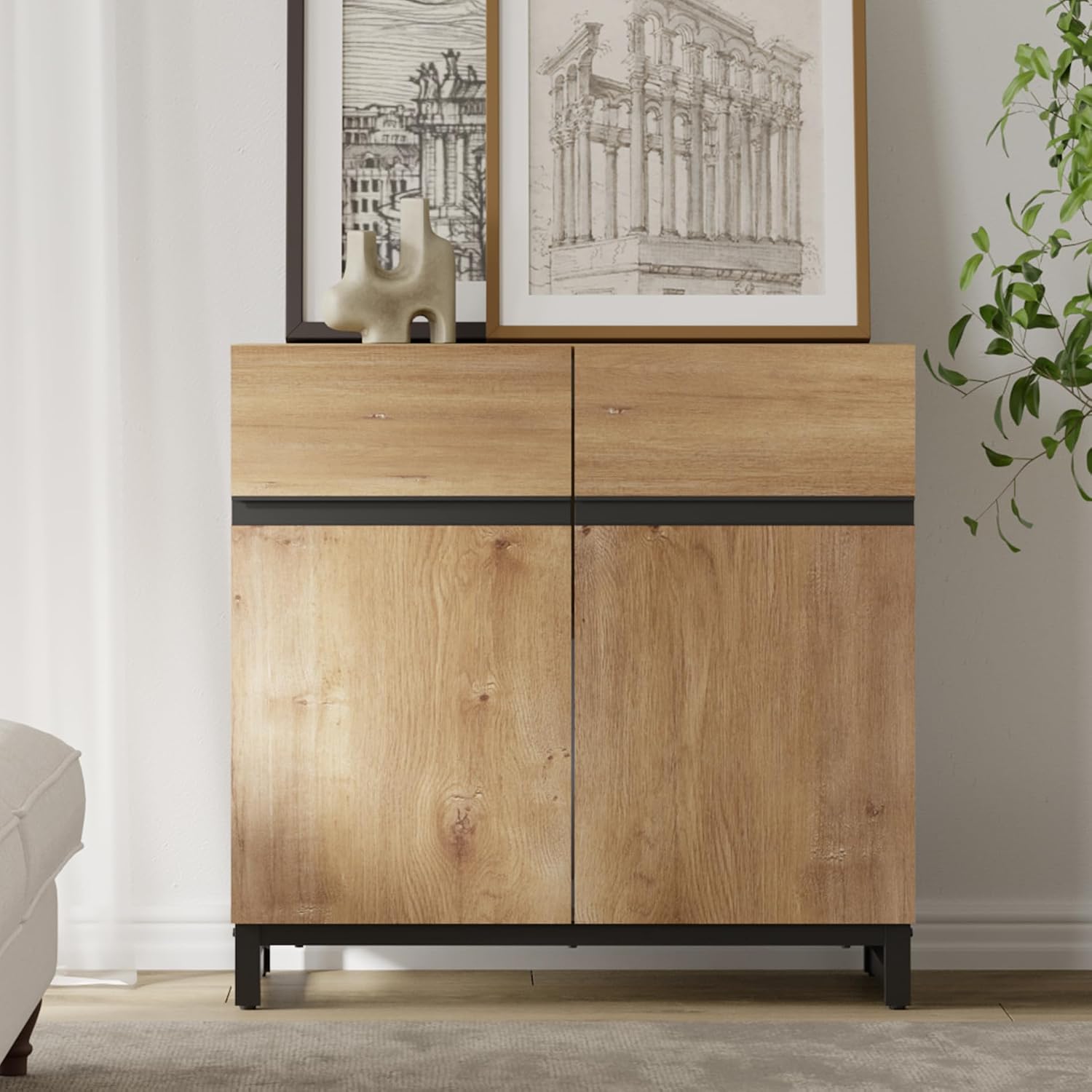 WAMPAT Sideboard Buffet Cabinets, Modern Sideboard with Adjustable Shelf and Metal Base, Coffee Bar Cabinet Storage Cabinet for Living Room, Kitchen, 1Pcs, Oak