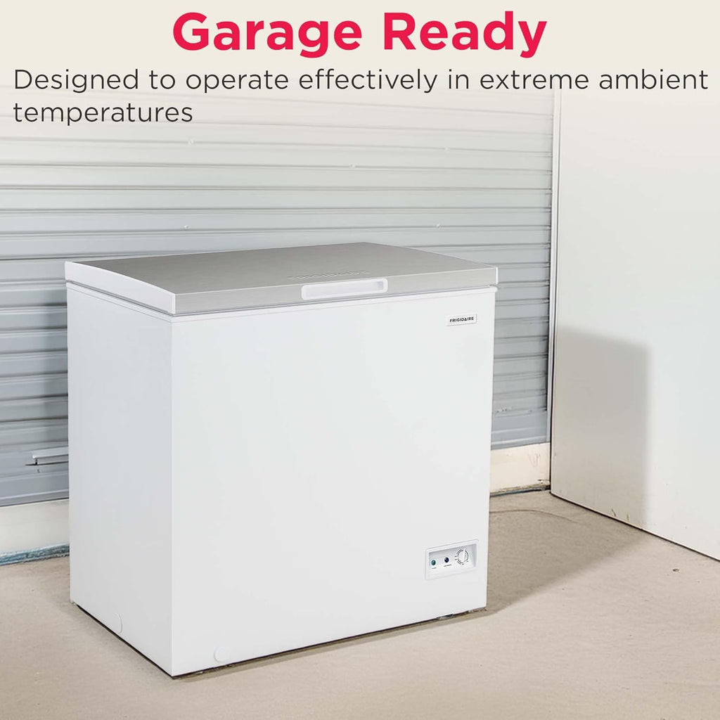 Frigidaire Chest Deep Freezer, 7 Cu. Ft. Capacity, Shiny Stainless Steel Top Lid Design-Adjustable Thermostat-Removable Vinyl Coated Wire Basket-Easy Defrost Drain- Garage Ready