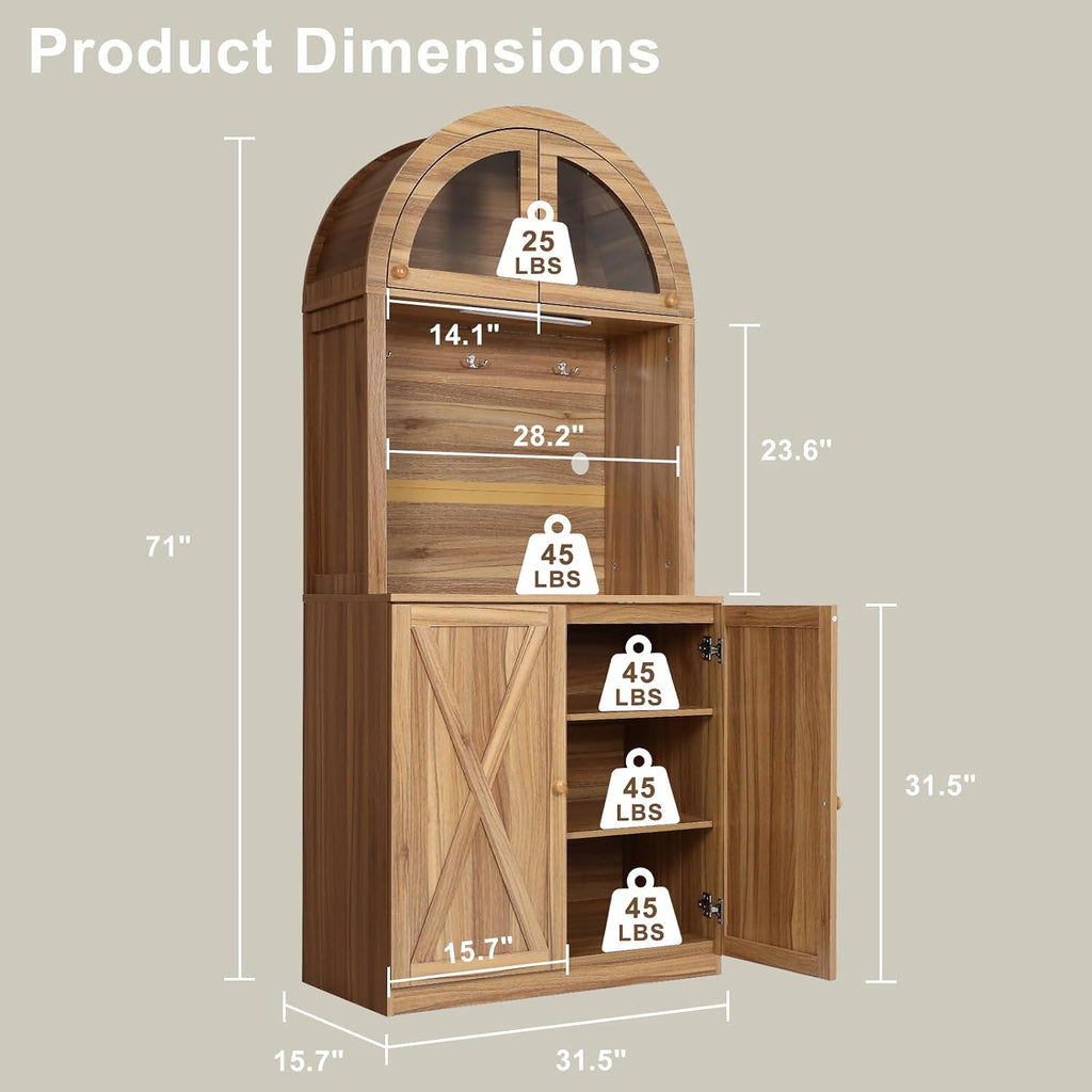 71' Farmhouse Arched Buffet Cupboard with Adjustable Shelves & Glass Door | Sturdy Engineered Wood, Acrylic Glass, Durable, Moisture-Resistant, Easy Assembly, for Dining Room, Bathroom, Living Room