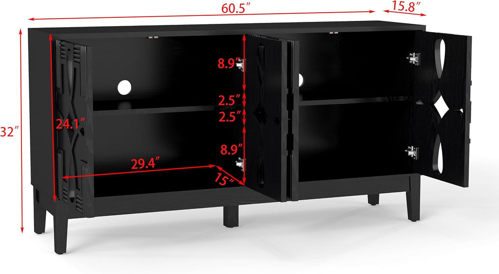 KEIKI 60.5'' Buffet Cabinet with Storage, Farmhouse Fluted Sideboard with Geometric Pattern & Adjustable Shelves, Mid Century Modern TV Stand for Living Room Kitchen Dining Room Entryway, Black
