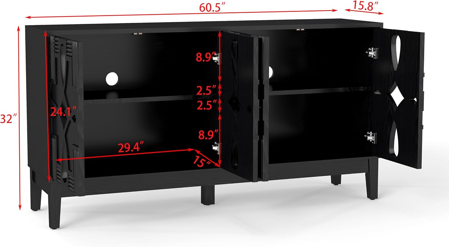 KEIKI 60.5'' Buffet Cabinet with Storage, Farmhouse Fluted Sideboard with Geometric Pattern & Adjustable Shelves, Mid Century Modern TV Stand for Living Room Kitchen Dining Room Entryway, Black