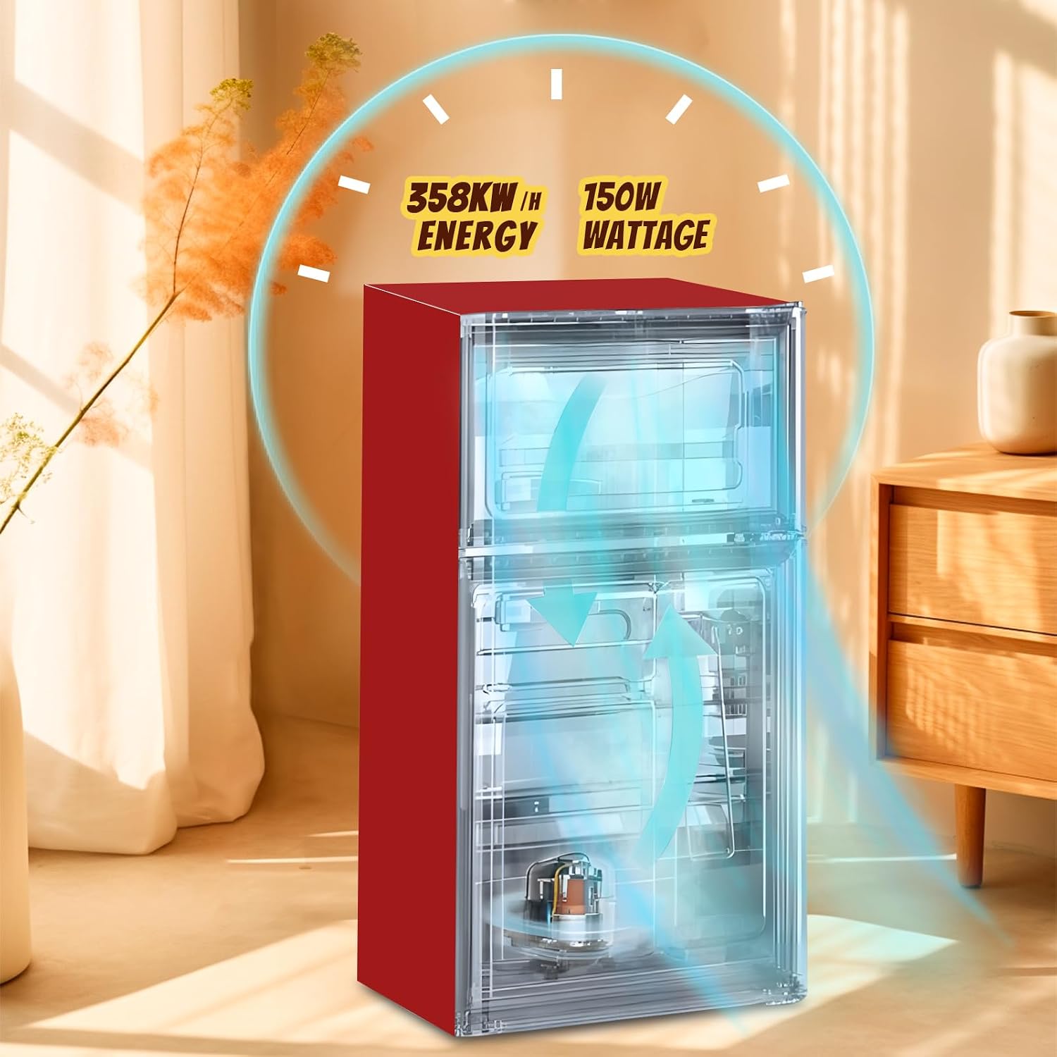 Small Fridge with Freezer Mini Refrigerator Double door Removable Glass Shelves 7 Temp Gear Detachable Handle Red