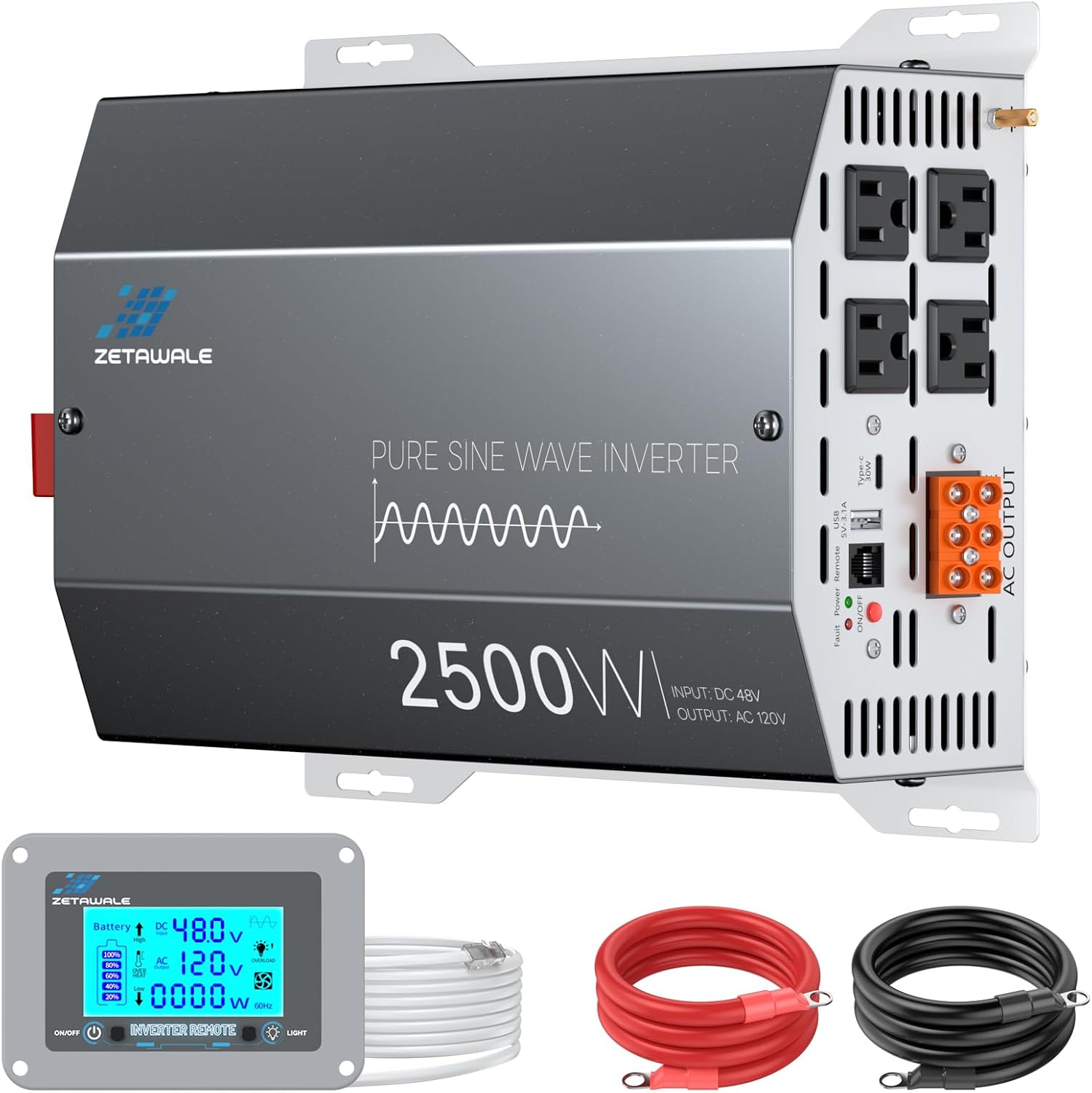 2500W Pure Sine Wave Inverter 48V DC to 110V/120V AC Converter, 5000W Peak, High-Efficiency Off-Grid Solar Power Inverter, 4 AC Outlets, USB & Type-C, LCD Remote Control